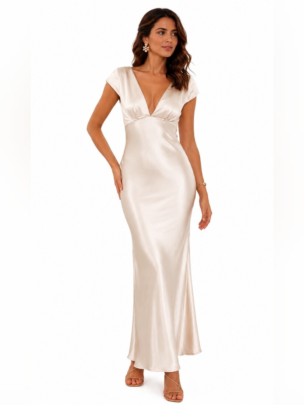 Satin V-Neck Maxi Dress in Cream